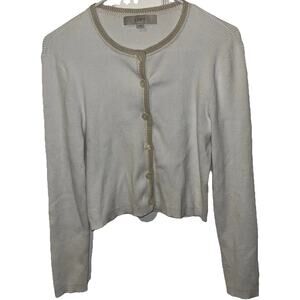 Loft White Ribbed Crewneck Cardigan With Accent Trim Sweater Size L